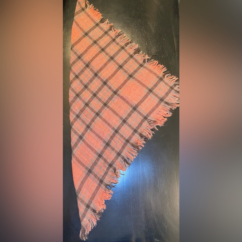 Peach, Brown and Gray Plaid Fringe Square Scarf I - Picture 2 of 3